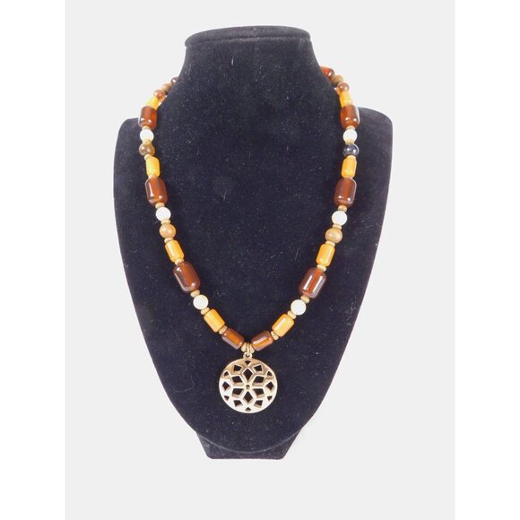 Vintage Beaded Pendant Necklace Boho Geometric Gold Tone Adjustable Statement Je - Picture 1 of 6